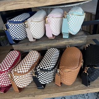 Birdie Saddle Checkered Crossbody Bag: Navy Checkered