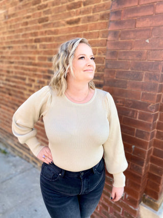 Cream balloon sleeve ribbed Bodysuit