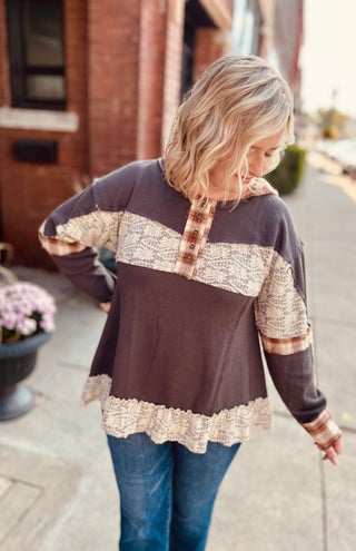 Charcoal round neck plaid detail top