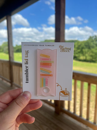 Book stack tumbler lid tag