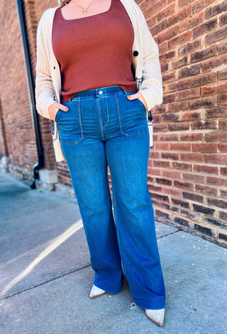 Cotton stretch denim wide leg pant