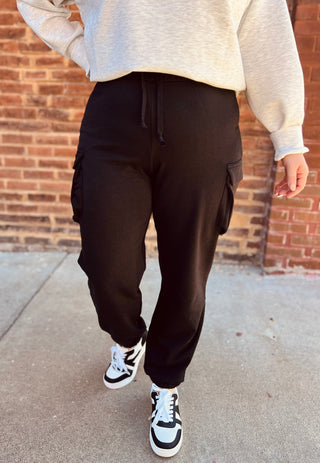 Black cotton fleece cargo jogger