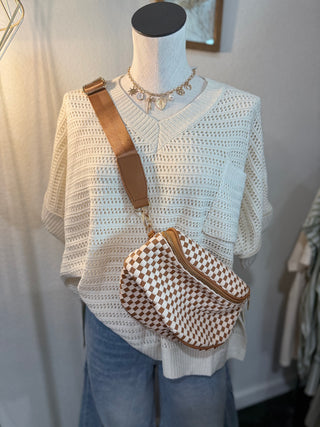Birdie Saddle Checkered Crossbody Bag: Tan Checkered