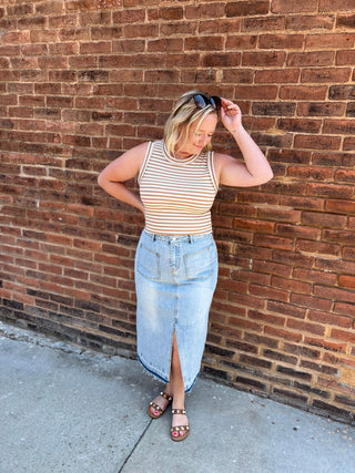 Denim stone washed skirt with front slit