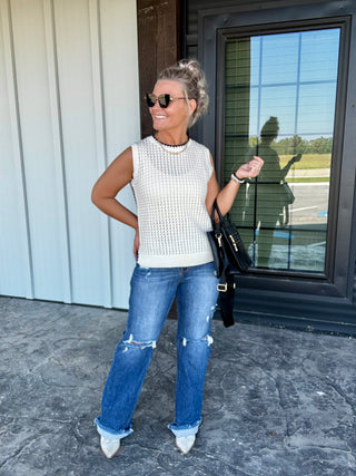Mid-wash Distressed Straight High rise Denim