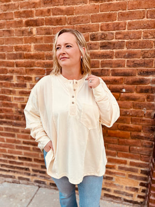 Cream mineral washed waffle sleeve top