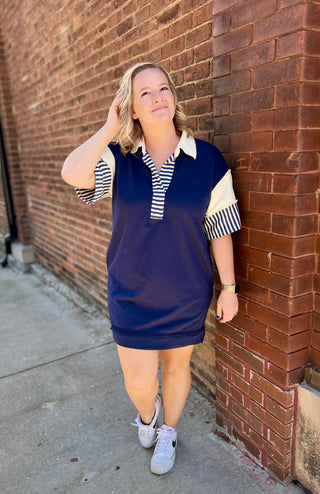 Navy collared stripe sleeve dress