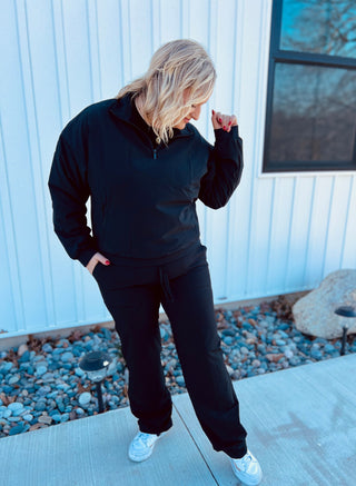 Woven Fleece Quarter zip up -Black