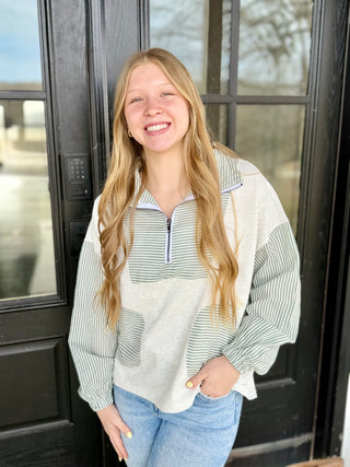 Green stripe French terry pullover