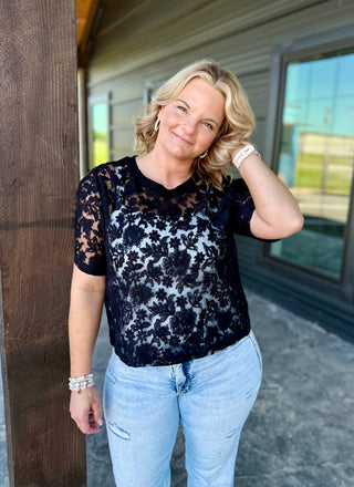 Black Floral Lace Sheer Top