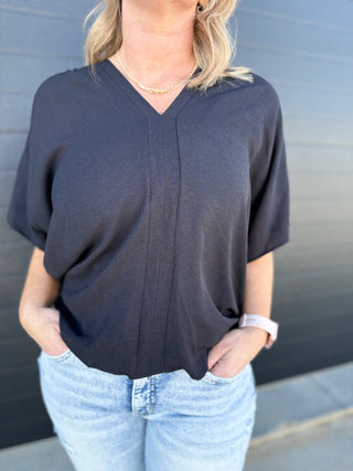 Black V Neck Short Sleeve Blouse