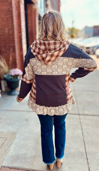 Charcoal round neck plaid detail top