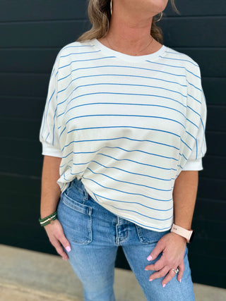 White and Royal Blue striped dolman top