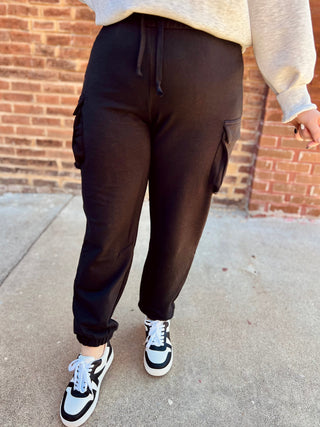 Black cotton fleece cargo jogger