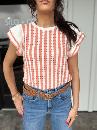 Striped ruffle sleeve sweater top