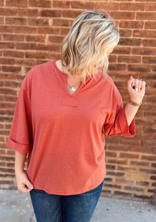 Brick 3/4 sleeve stripped knit top