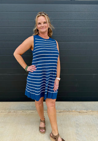 Navy & White Pleated Flared Mini Dress