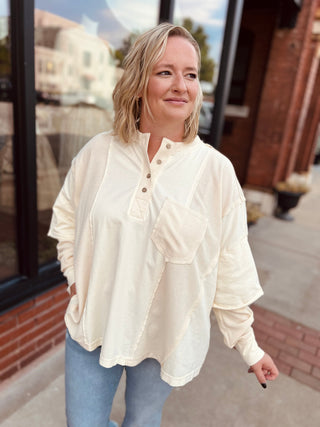 Cream mineral washed waffle sleeve top