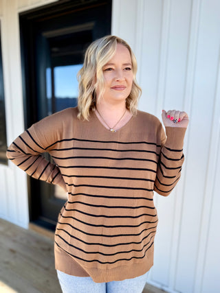 V Neck Striped Knit Top Camel/Black