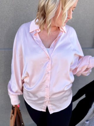 Blush Satin Button Down Dolman Sleeve Blouse