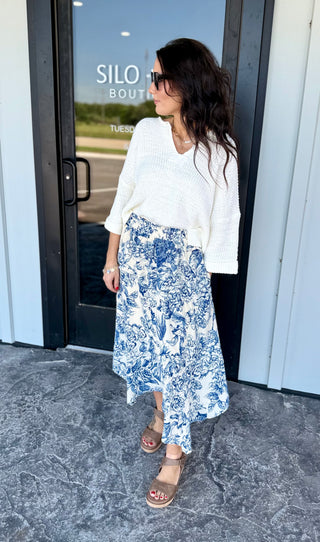 Blue Floral Midi Skirt
