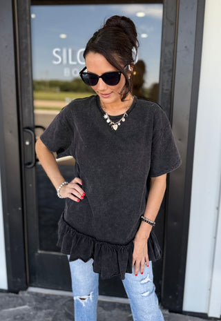 Black Mineral Washed ruffle top