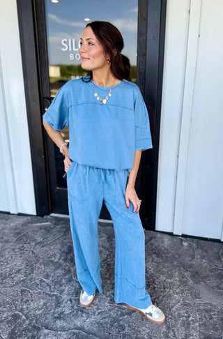Dusty Blue Cropped Wide Leg Lounge Pant