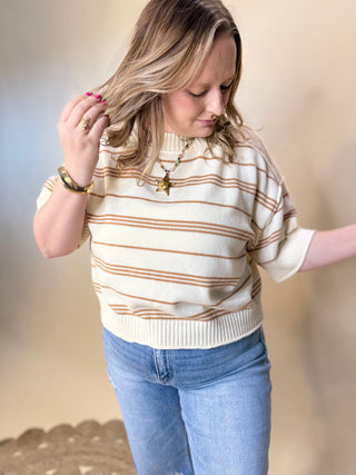 Honey Oat Striped Short Sleeve Sweater