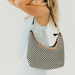 Sienna Slouchy Woven Shoulder Bag Black Checkered