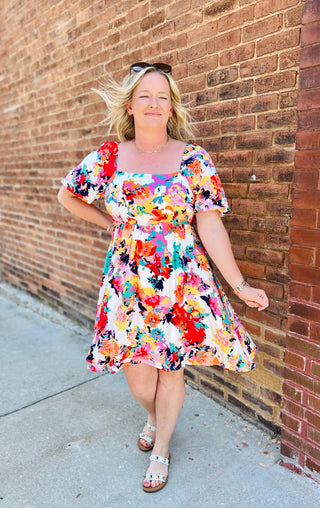 Square neck bubble sleeve floral dress