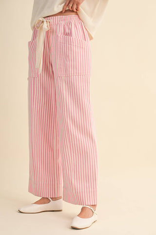 PINK STRIPED WIDE LEG DRAWSTRING PANTS