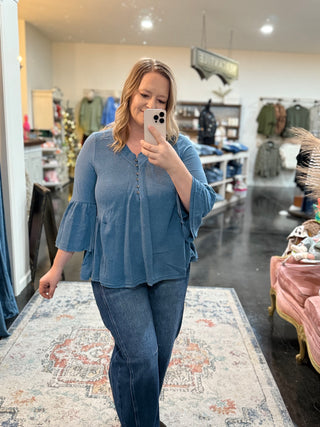 Sweater like knit flowy top- denim blue