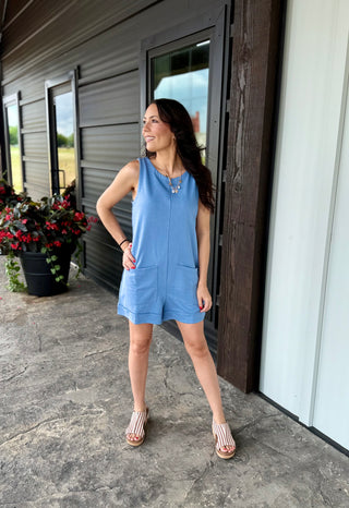 French Terry Blue Sleeveless Romper