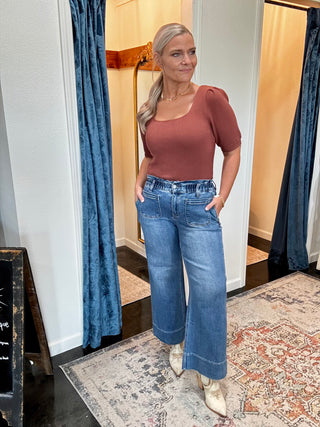 High Rise Crop Wide Leg Ruffle Waist