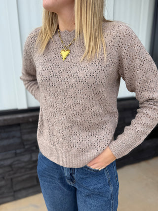 POINTELLE EYELET OPEN KNIT SCALLOPED NECK SWEATER