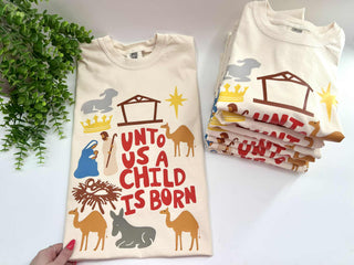 Unto us a Child is Born Doodle Christmas Tshirt