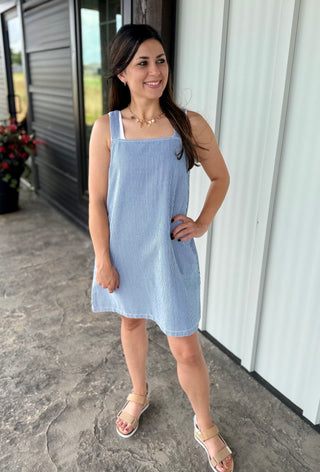 Navy and White Stripe Denim Overall Dress