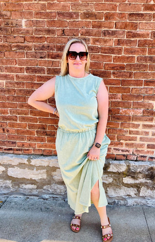 Faded Sage Sleeveless Mineral Midi dress