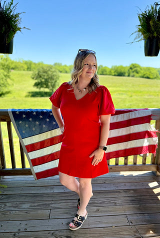 Red V Neck Puff Sleeve Dress