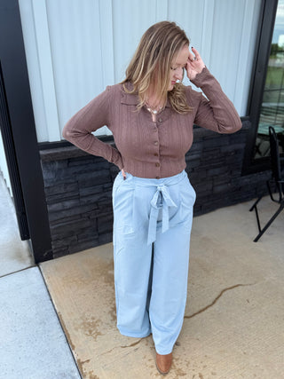 BUTTON DOWN SCALLOPED HEM SWEATER TOP