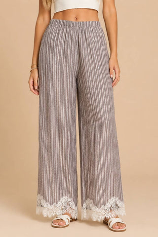 Mocha Lace-Trimmed Wide-Leg Pants