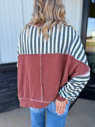 Olive & Rust striped crewneck top