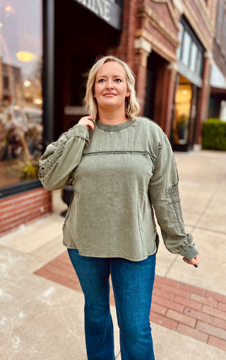 Olive mineral washed terry knit top
