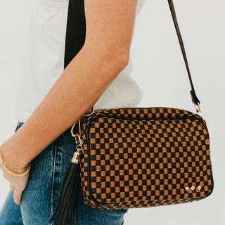 Woven Willow Camera Crossbody Bag Checkered Coffee