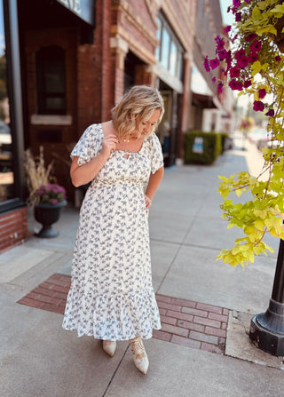 off white slate floral flutter sleeve midi dreess