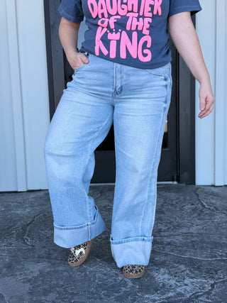 High Rise Wide leg double seam cuffed Jeans