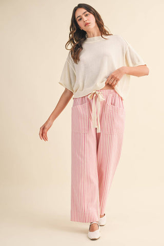 PINK STRIPED WIDE LEG DRAWSTRING PANTS