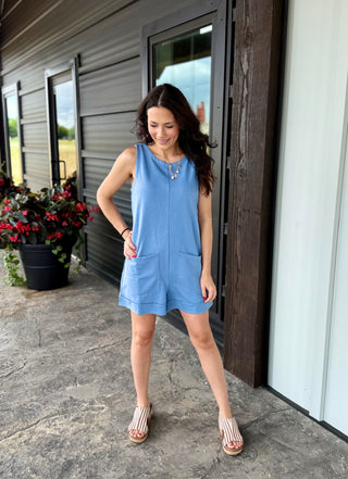 French terry Blue sleeveless romper