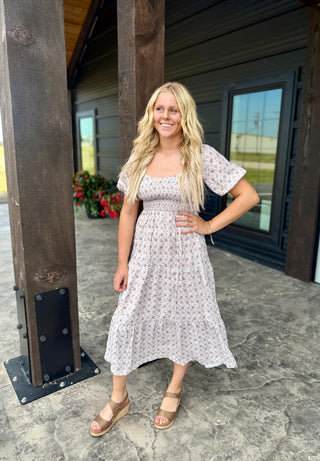 Cream Smocked Midi Dress