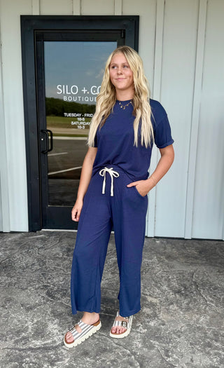 Navy Waffle Knit Top & Pant Set